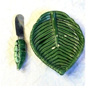 Vintage Green Leaf butter dish Pea Pod knife J Morea Malicorne art deco